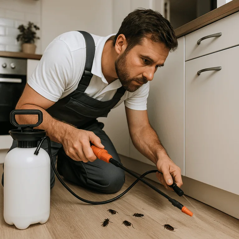 Un technicien en désinsectisation traite une infestation d’insectes rampants dans une cuisine à Saint-Lunaire