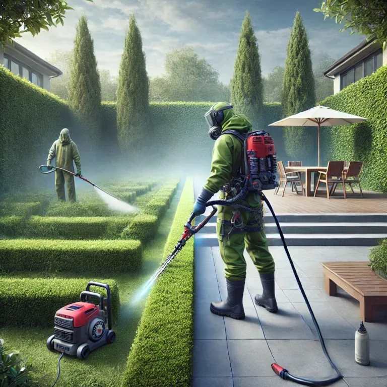 Illustration d’un professionnel effectuant l’entretien extérieur, avec taille de haies et nettoyage de terrasse pour flash 3D Désinfection.