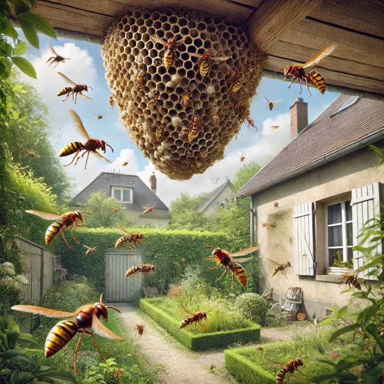 Nid de frelons sous un toit dans un jardin en Seine-Maritime, avec des frelons entrant et sortant.
