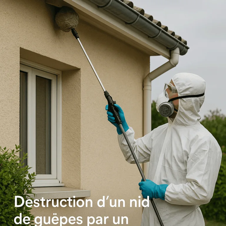 Expert en désinsectisation en combinaison en train de détruire un nid de guêpes à l’aide d’une perche