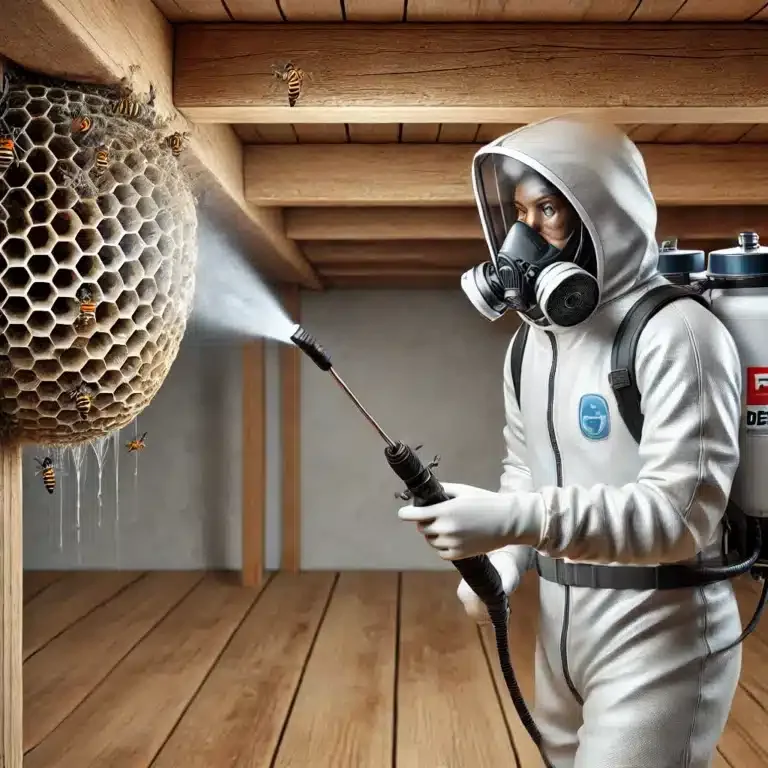 Un technicien de Flash 3D Désinfection utilise un pulvérisateur d’insecticide pour neutraliser un nid de guêpes caché sous une terrasse.