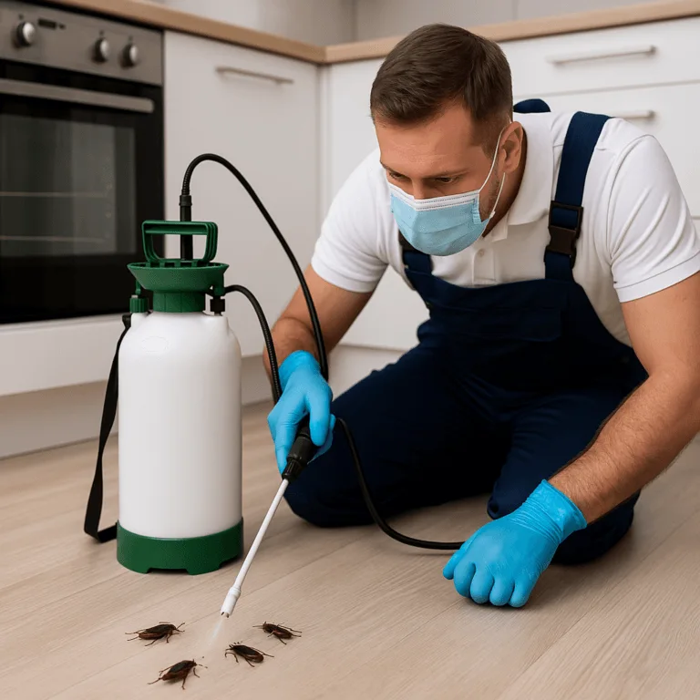 Technicien en combinaison traitant une infestation d'insectes dans un logement à Dol-de-Bretagne