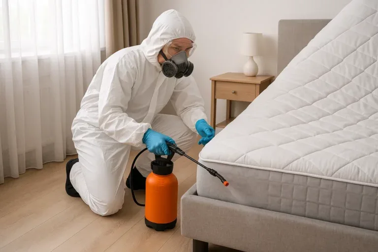 Technicien désinsectiseur traitant les coutures d’un matelas infesté de punaises à Saint-Malo