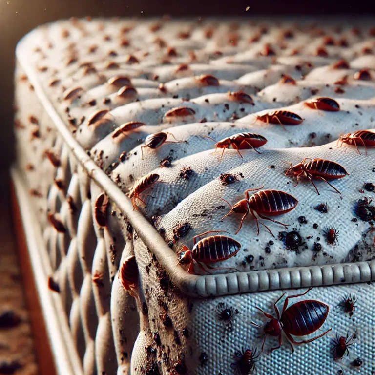 Infestation sévère de punaises de lit sur un matelas, avec un focus sur les insectes dans les coutures.