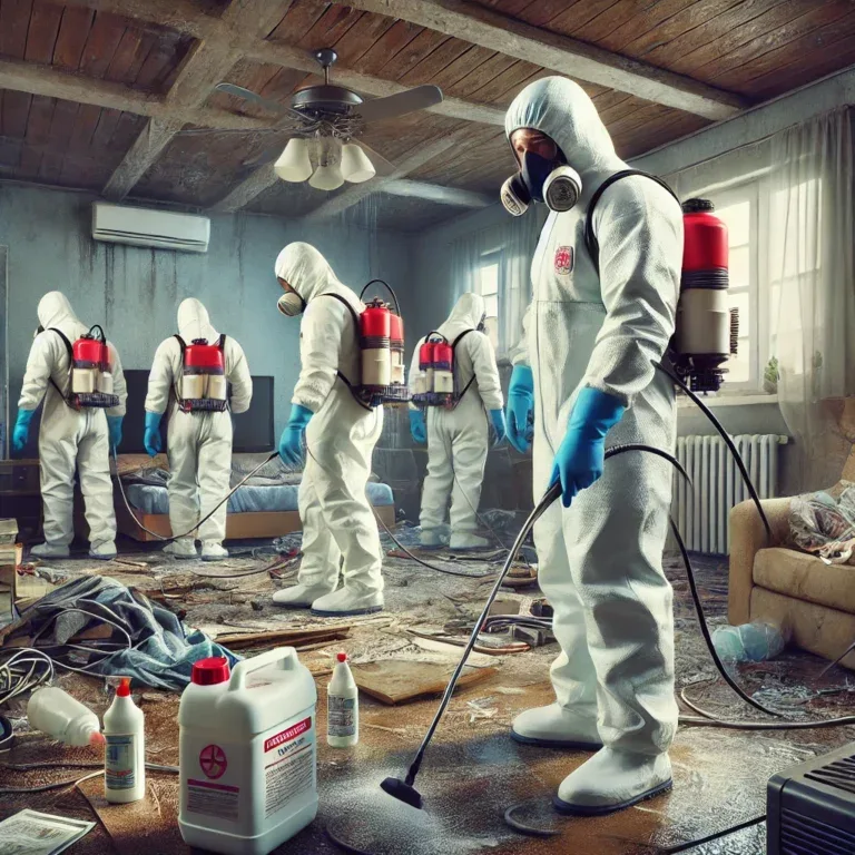 Illustration d’une équipe de nettoyeurs de l'extrême en combinaison de protection désinfectant un logement insalubre.