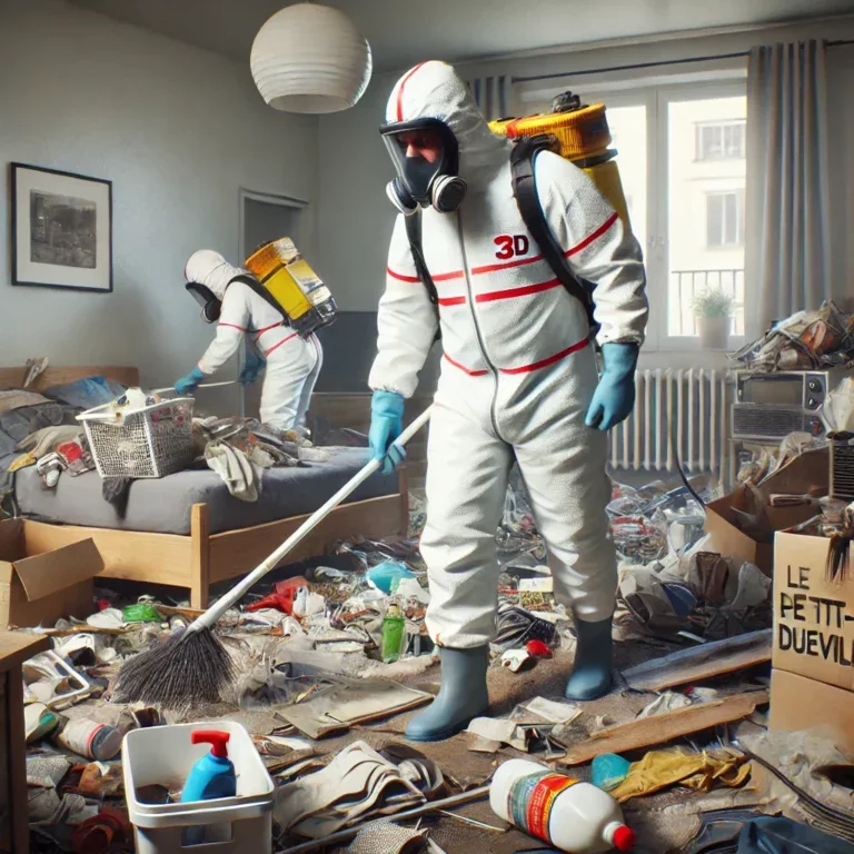 Technicien nettoyant un appartement après syndrome de Diogène à Le Petit-Quevilly.