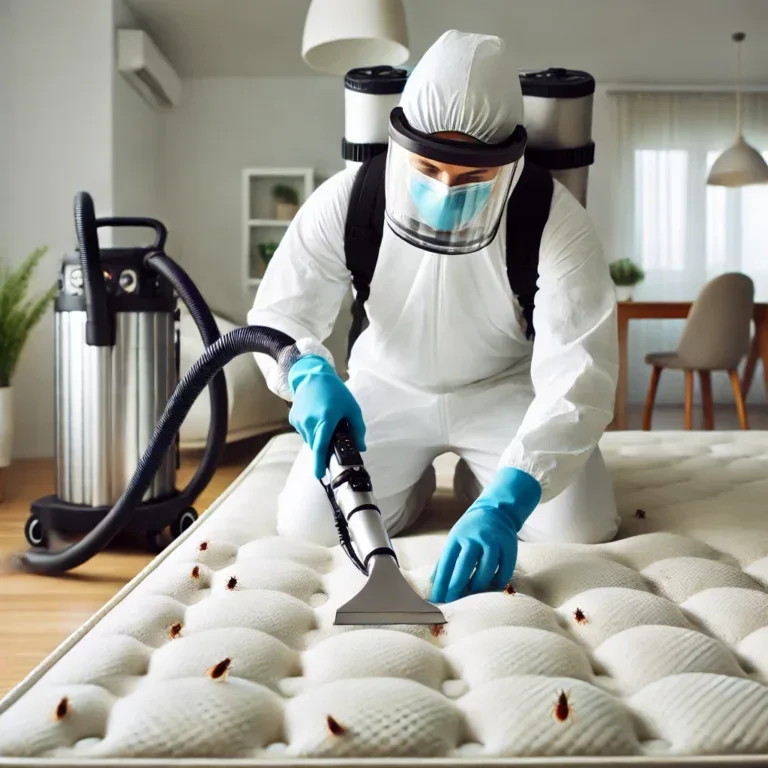 Gros plan sur des experts en nettoyage utilisant des outils spécialisés pour traiter une infestation de punaises de lit dans une maison à Juan-les-Pins