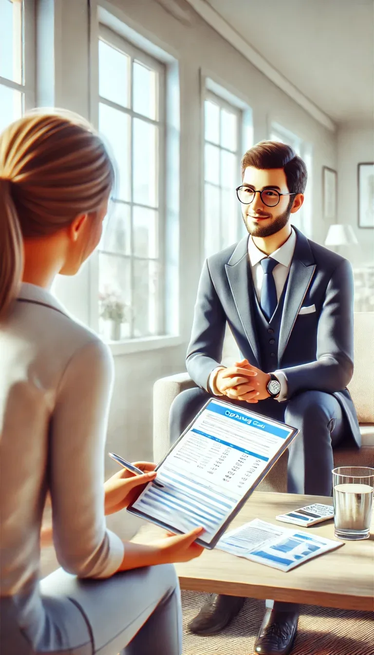 Illustration d'un représentant d'entreprise de nettoyage discutant d'un devis de nettoyage avec un client dans un environnement professionnel et accueillant.