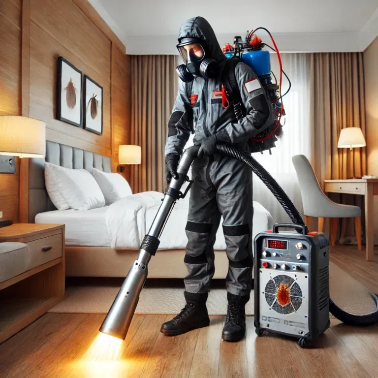 Un professionnel de la désinsectisation utilisant un générateur de chaleur pour éliminer les punaises de lit d’une chambre d’hôtel.