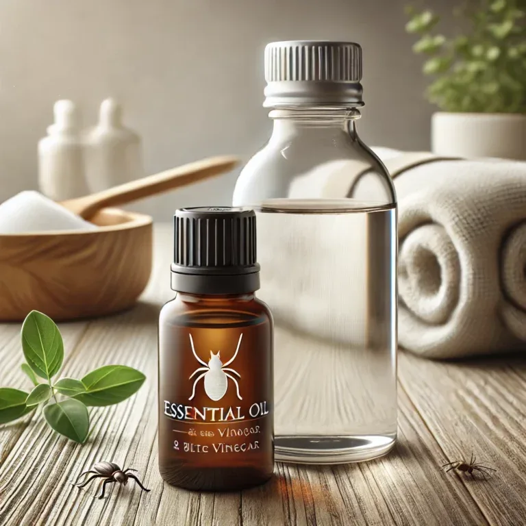 Photo d'un flacon d'huile essentielle et d'une bouteille de vinaigre blanc, utilisés comme remèdes naturels pour traiter les punaises de lit.