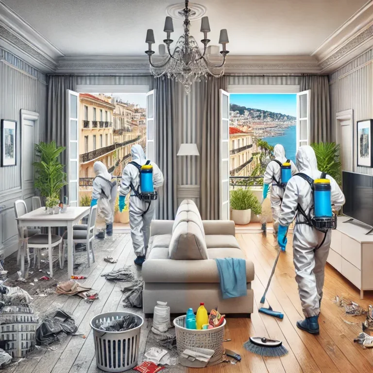 Illustration d'une équipe de nettoyage effectuant un débarras et un nettoyage en profondeur dans un appartement à Cannes, avec une transformation visible avant et après.