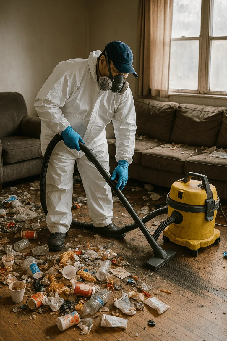 Nettoyeur professionnel désinfectant un appartement fortement souillé à Pleurtuit après une occupation illégale