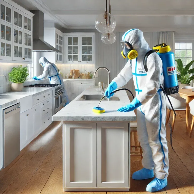 Un professionnel de Flash 3D Désinfection appliquant un désinfectant sur les surfaces d’un logement.