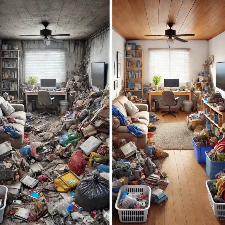 Illustration montrant l’avant et après d'un nettoyage dans un logement en situation de syllogomanie par Flash 3D Désinfection.
