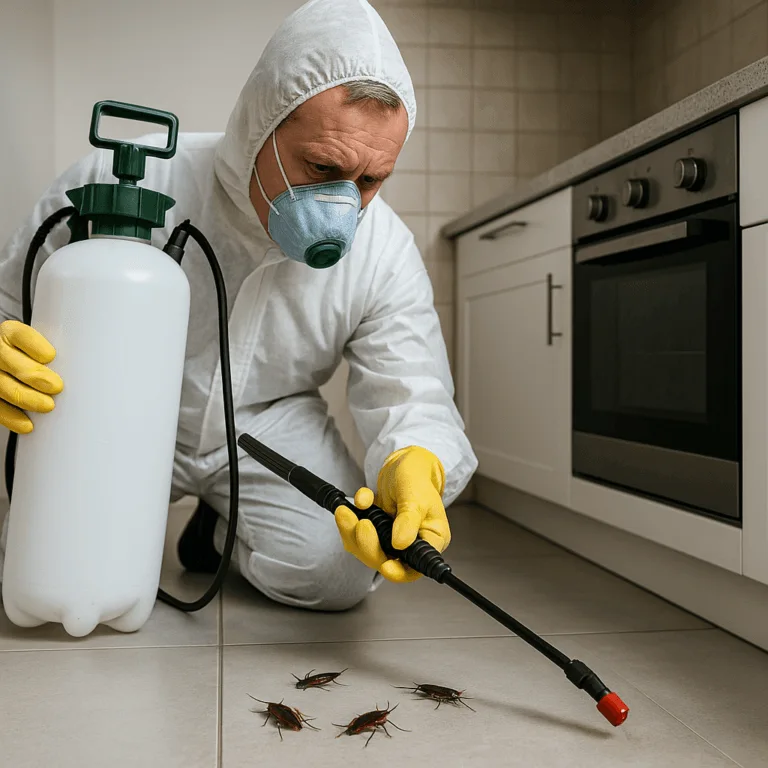 Technicien de désinsectisation en combinaison pulvérisant un insecticide dans une cuisine infestée à Dinard