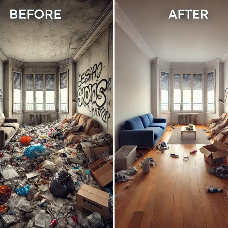Photo avant-après montrant un débarras extrême après un squat dans un appartement, avec un contraste clair entre l'état de négligence et l'espace restauré.