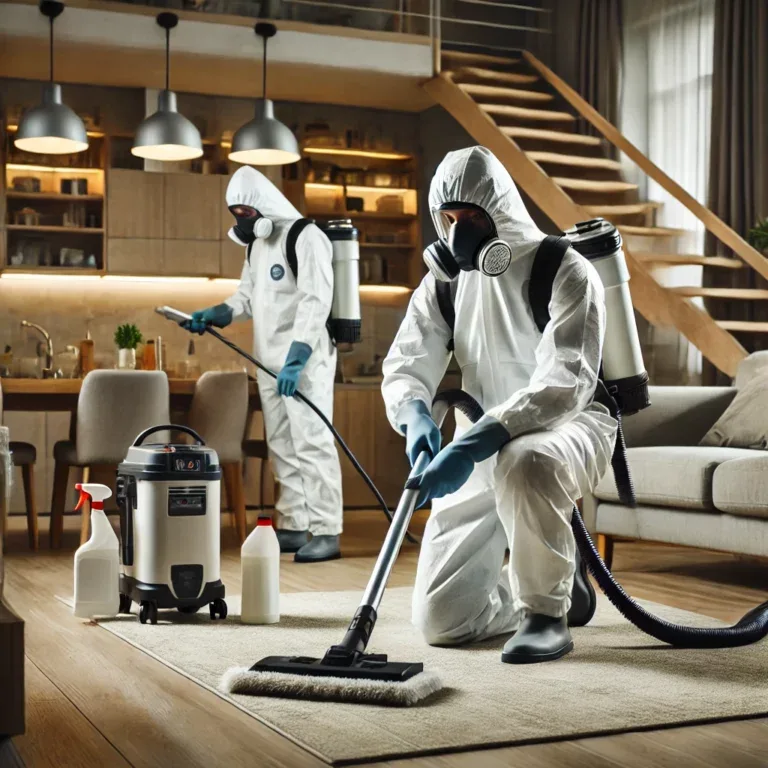 Nettoyeurs désinfectant une maison après sinistre avec des appareils haute pression et des surfaces vitrées visibles.
