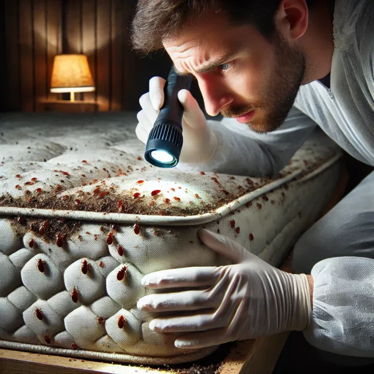 Un expert en désinsectisation inspecte un matelas fortement infesté de punaises de lit.