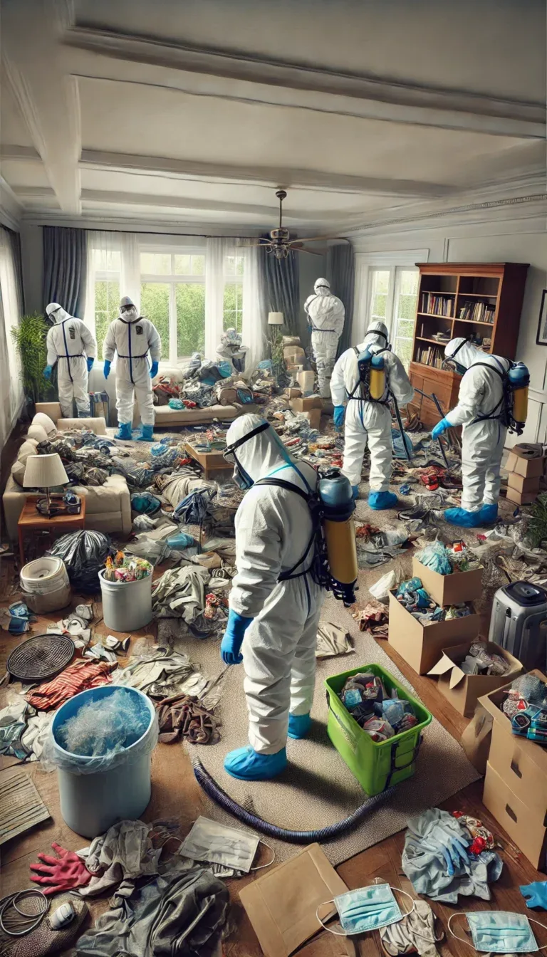 Illustration d'une équipe en tenue de protection effectuant un débarras et un nettoyage après un cas de syndrome de Diogène à Grasse, triant soigneusement les déchets et désinfectant l'espace.
