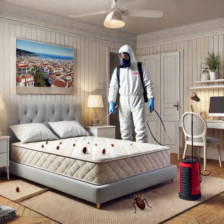 Illustration réaliste d'un technicien professionnel traitant une infestation de punaises de lit dans une chambre à Cannes.