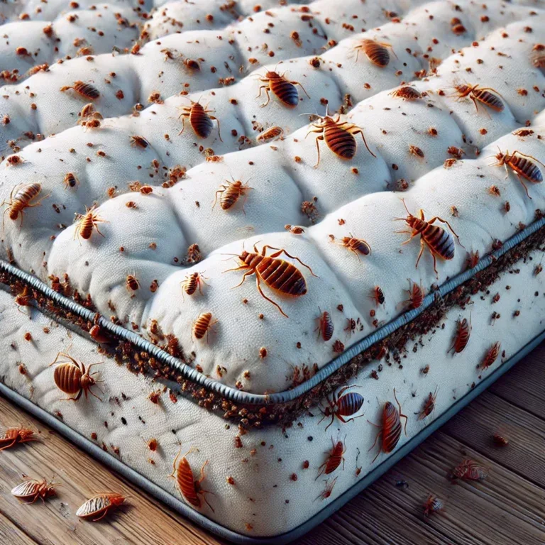 Infestation de punaises de lit sur un matelas, montrant des insectes et des traces de leur activité.