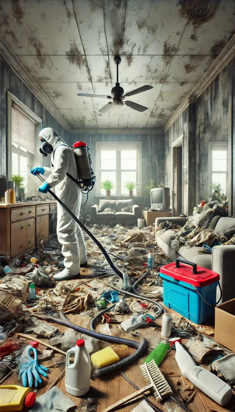 Illustration d'un technicien en tenue de protection effectuant un nettoyage extrême dans un appartement rempli de déchets et de saleté, utilisant des outils spécialisés pour restaurer la propreté.