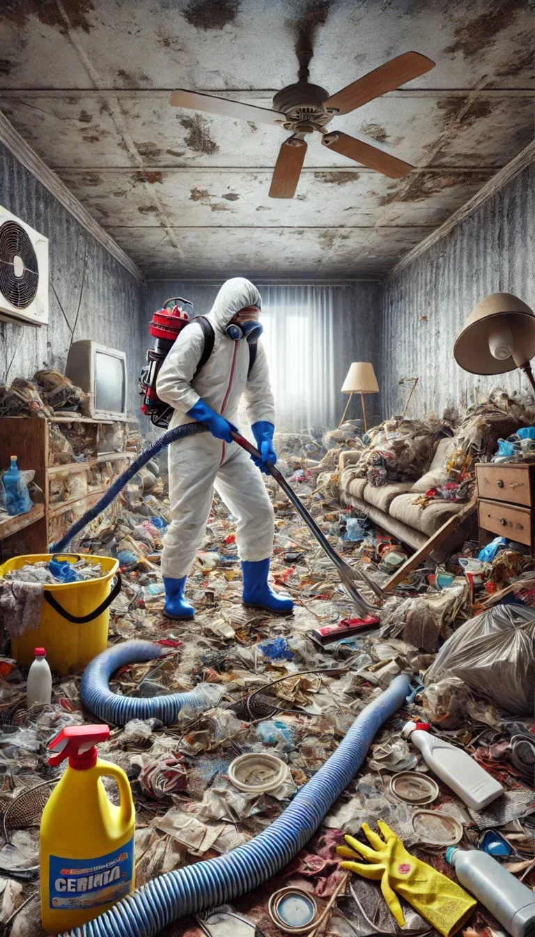 Illustration réaliste d'un technicien en tenue de protection effectuant un nettoyage extrême dans une pièce encombrée et négligée.