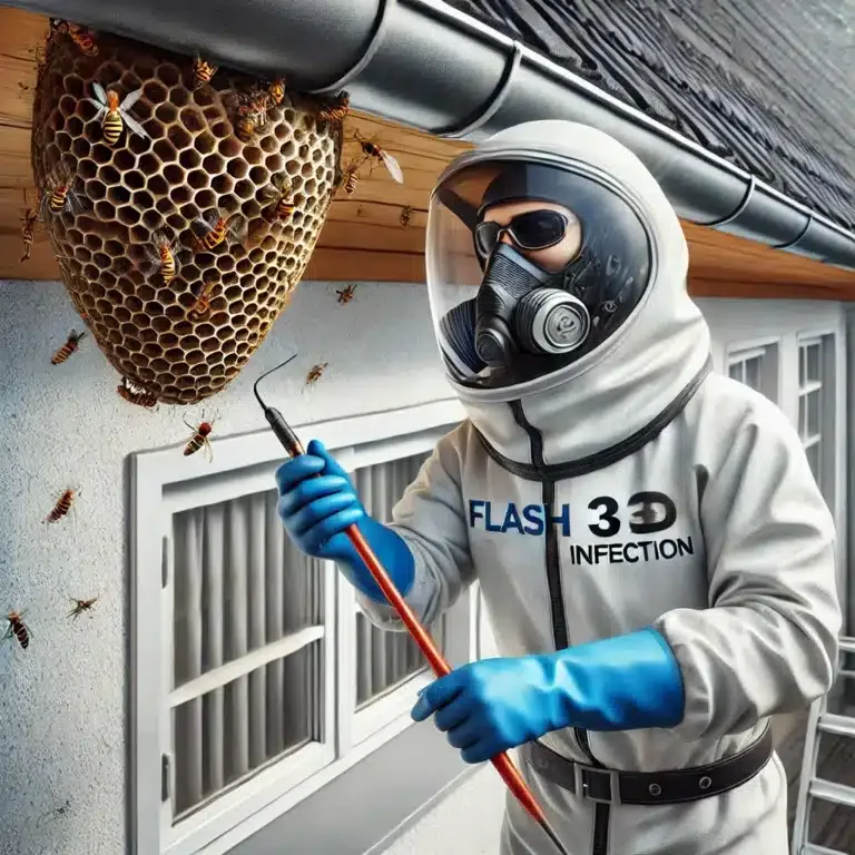 Un technicien de Flash 3D Désinfection retirant un nid de frelons sous un toit en toute sécurité.