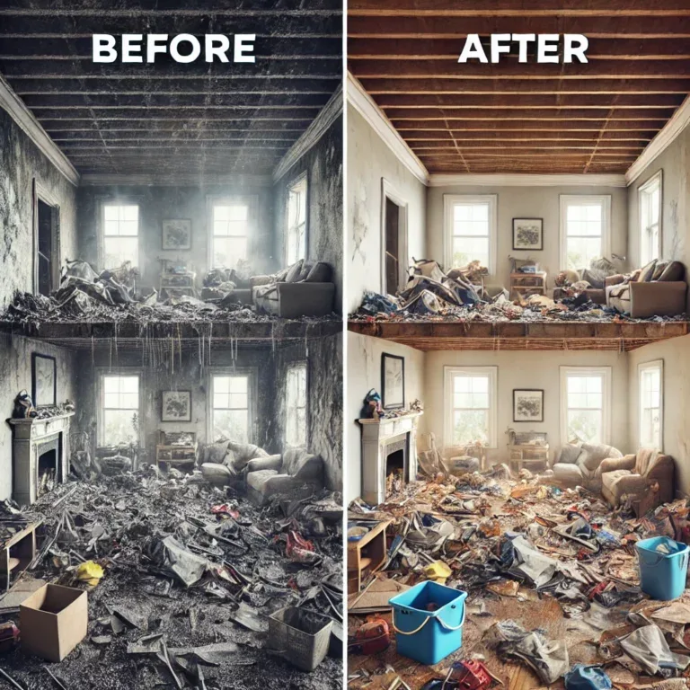 Illustration avant-après d'un logement après sinistre, montrant l'espace rempli de débris avant nettoyage et restauré après l'intervention.