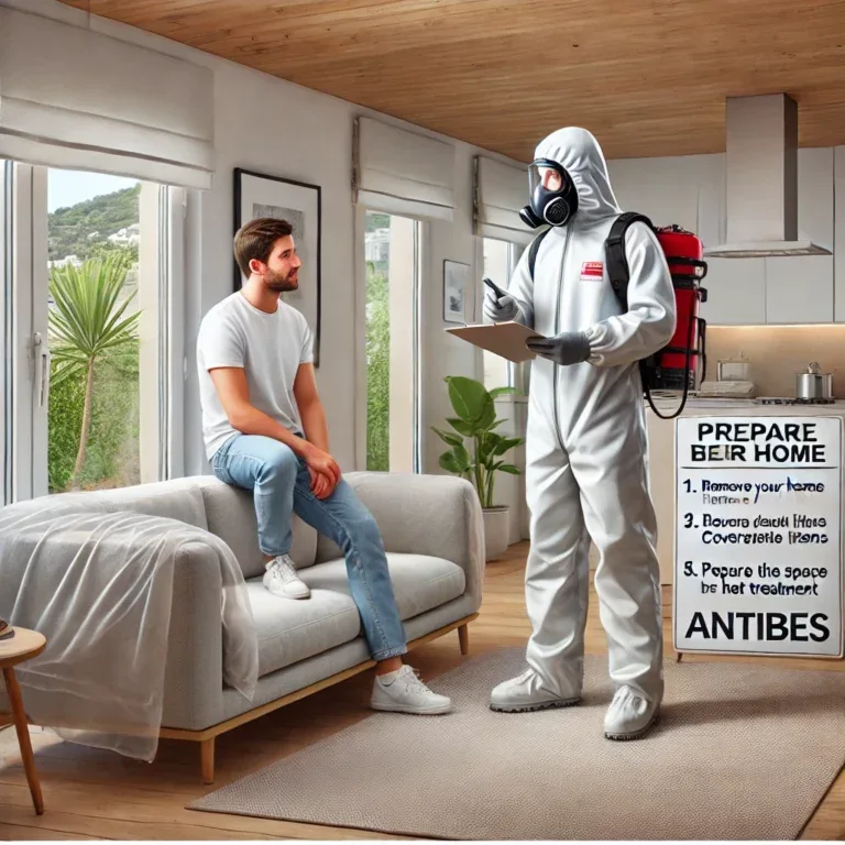 Un technicien explique à un client comment préparer sa maison pour un traitement thermique des punaises de lit à Antibes.