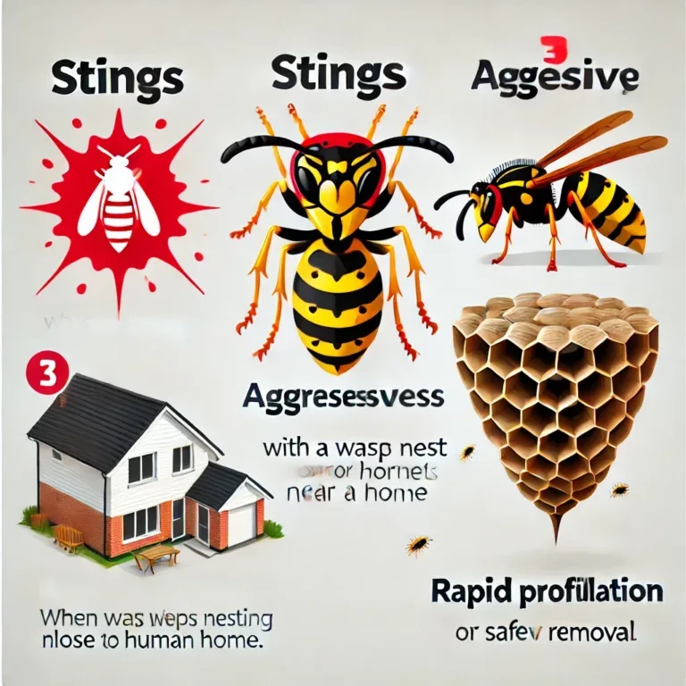 Infographie montrant les dangers d'un nid de frelons ou de guêpes près d'une habitation, y compris les risques de piqûres, l'agressivité des insectes et leur prolifération rapide.