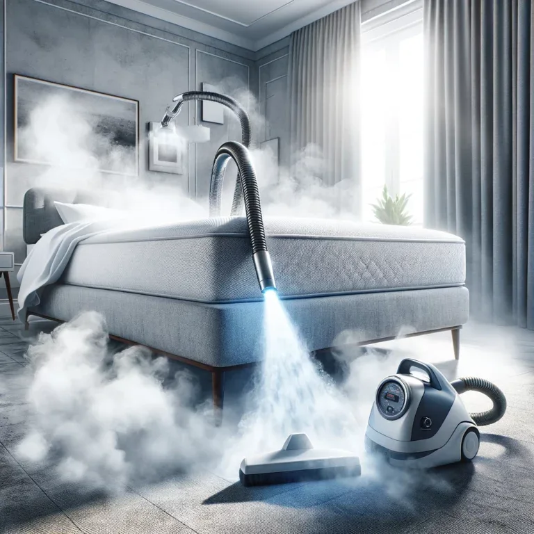 Illustration d'un nettoyeur à vapeur en action sur un matelas, émettant un jet de vapeur pour tuer les punaises de lit.