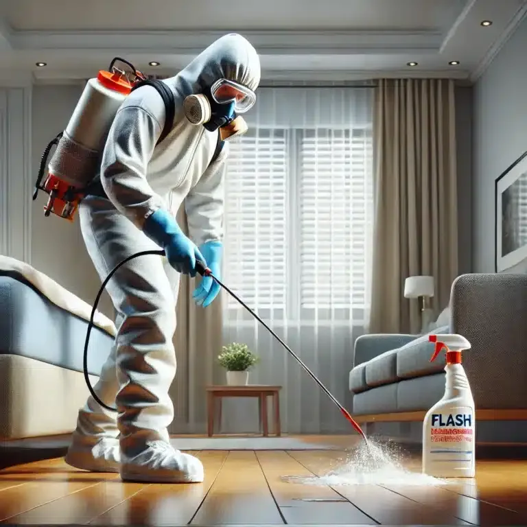 Un technicien de Flash 3D Désinfection désinfecte minutieusement les sols et les murs après un décès.