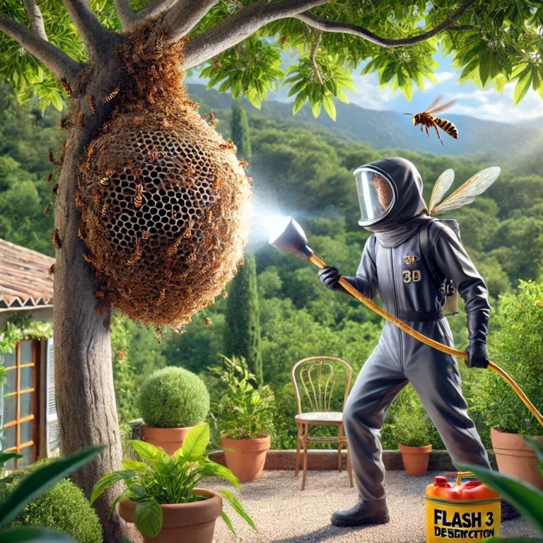 Technicien de Flash 3D Désinfection en train d’éliminer un nid de frelons dans un jardin des Alpes-Maritimes.