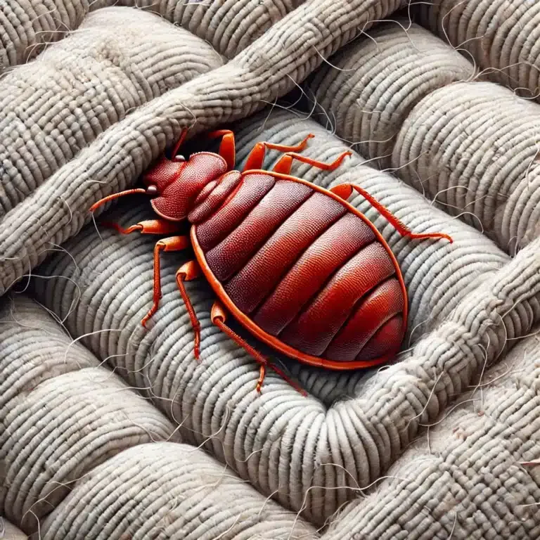 Gros plan sur une punaise de lit cachée dans les replis d’un matelas.