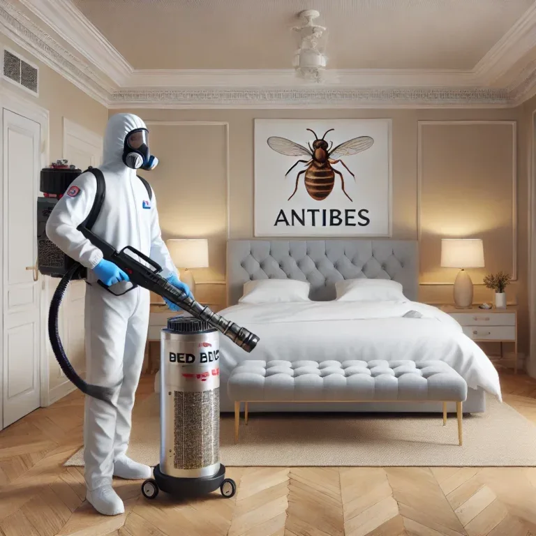 Un technicien utilise une machine de traitement thermique dans une chambre à Antibes pour éliminer les punaises de lit.