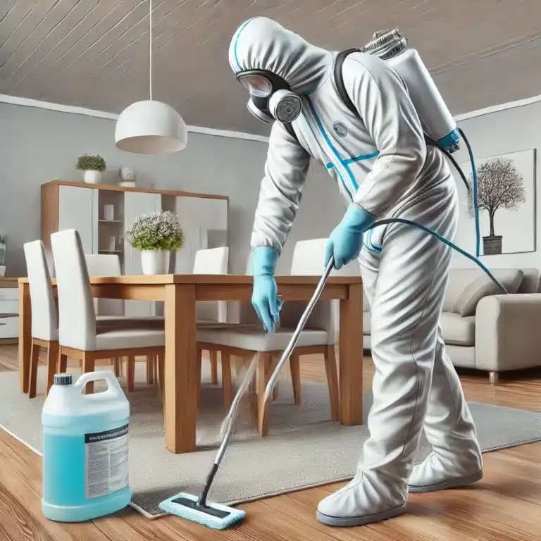Un technicien en tenue de protection désinfecte les surfaces d'une maison après un décès en utilisant des produits spécialisés.