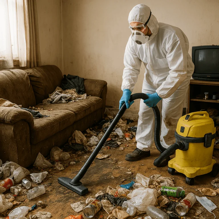 Agent de nettoyage aspirant les déchets d’un salon insalubre à Pleurtuit après un squat