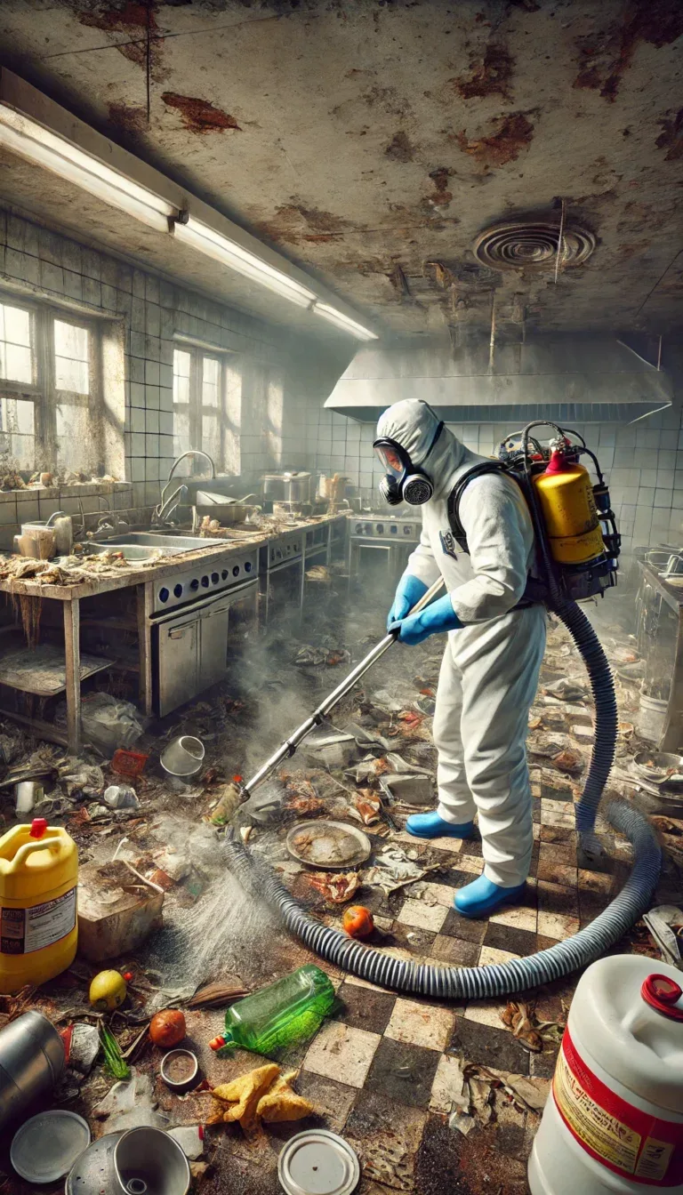 Illustration d'un technicien en tenue de protection nettoyant en profondeur une cuisine très sale, utilisant des équipements spécialisés pour enlever les déchets alimentaires, la saleté et désinfecter les surfaces.