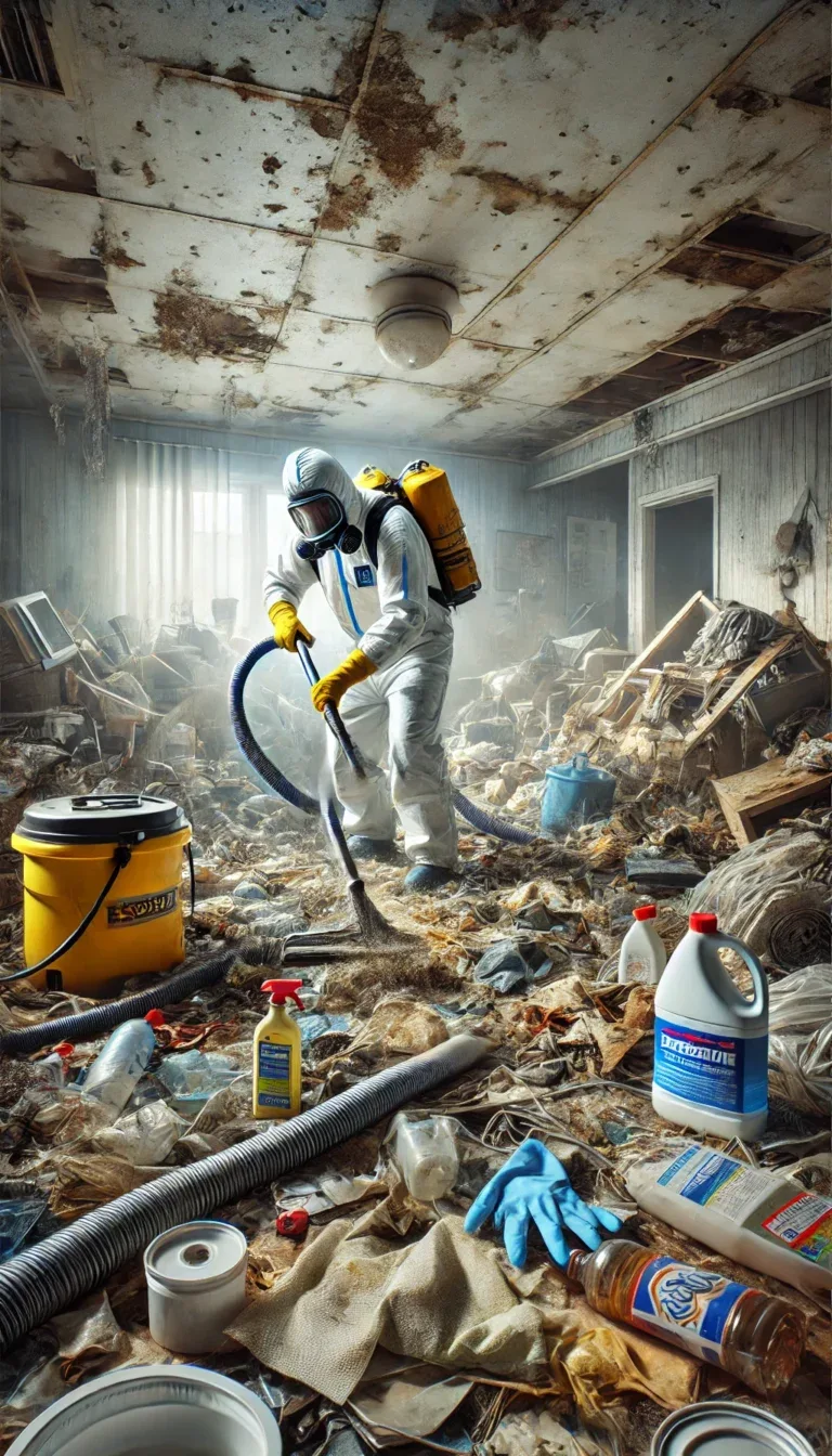Illustration d'un technicien en tenue de protection nettoyant une pièce gravement encombrée et sale, utilisant des équipements spécialisés pour enlever les débris et désinfecter les surfaces.