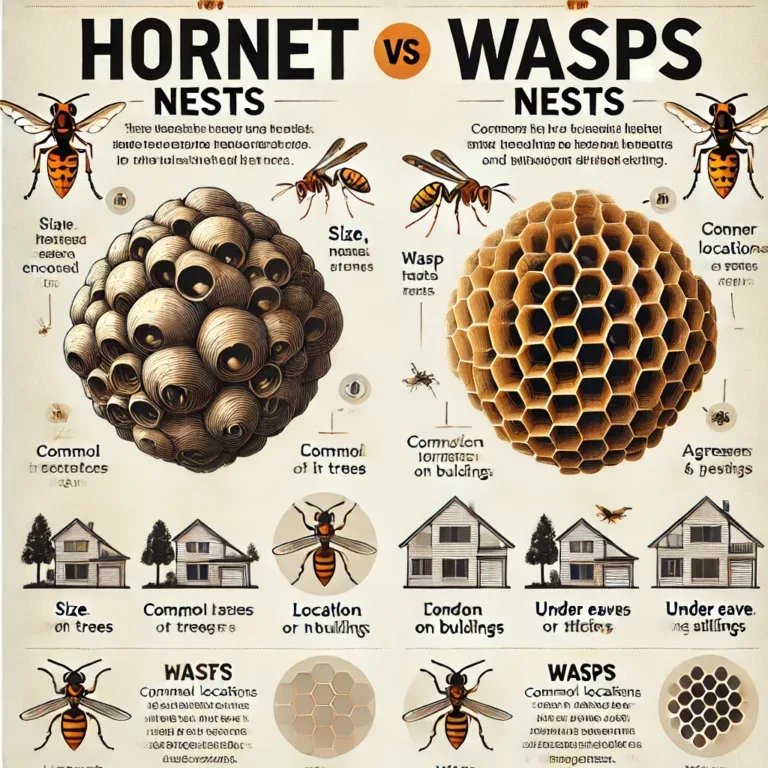 Infographie comparant les nids de frelons et de guêpes, illustrant les différences de taille, de structure et d'emplacement.