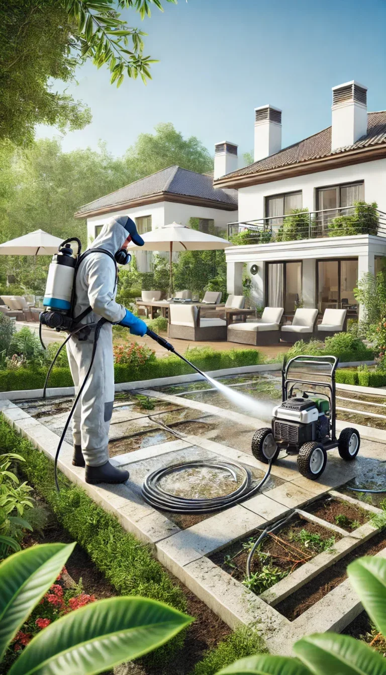 Illustration réaliste d'un technicien en train de nettoyer une terrasse et d'entretenir les espaces verts autour d'un logement avec des équipements spécialisés.