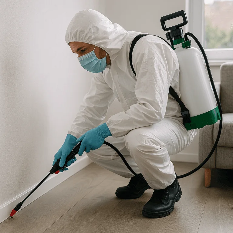 Un technicien examine minutieusement une infestation de fourmis dans un coin de mur à Combourg avant application du traitement