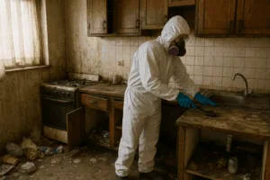 Technicien en combinaison intégrale frottant un plan de travail sale dans une cuisine abandonnée