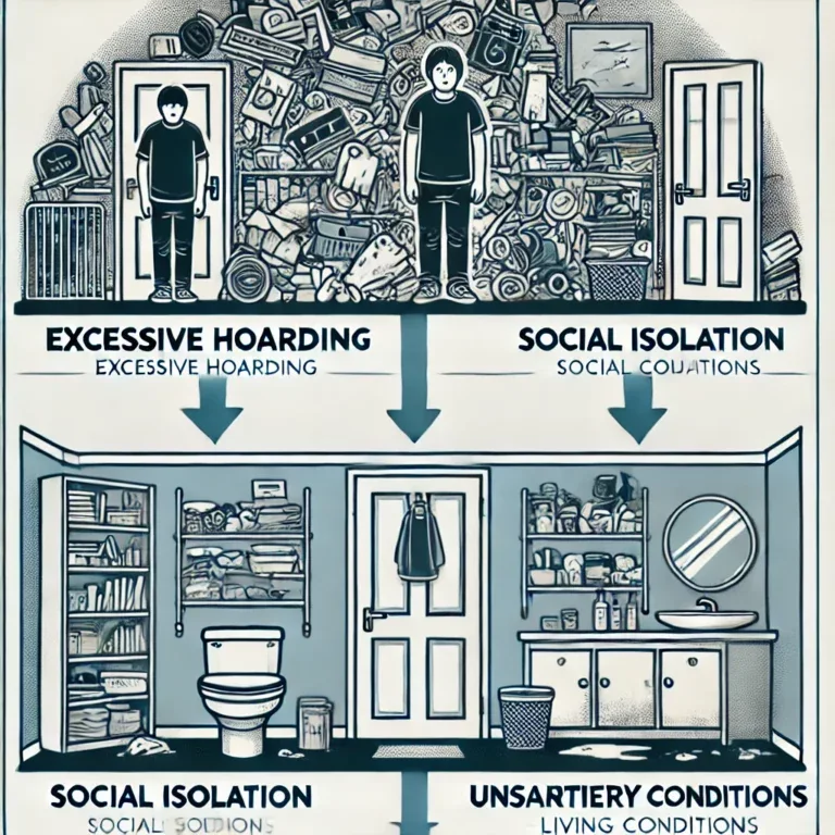 Diagramme présentant les symptômes du syndrome de Diogène, avec des icônes représentant l'accumulation excessive, l'isolement social, et les conditions insalubres.