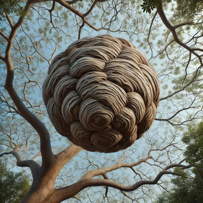 Illustration d'un nid de frelons asiatiques de grande taille, construit en hauteur dans un arbre, soulignant sa taille imposante et la menace potentielle près d'une habitation.