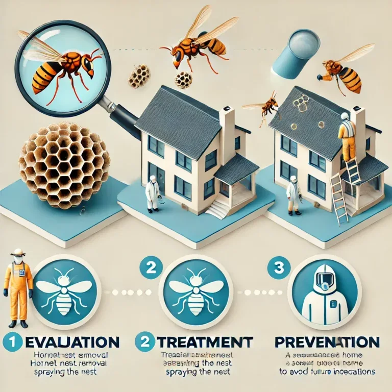 Infographie illustrant les étapes d'élimination d'un nid de frelons, incluant l'évaluation, le traitement et la prévention pour éviter les réinfestations.
