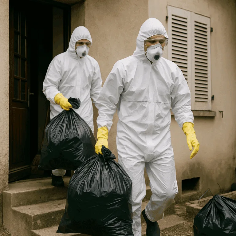 Deux techniciens en combinaison blanche et masques respiratoires sortant des sacs-poubelles d’un logement insalubre à Seignosse