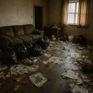 Salon encombré de sacs-poubelles, journaux et bouteilles en plastique dans un logement insalubre à Lit-et-Mixe avant nettoyage