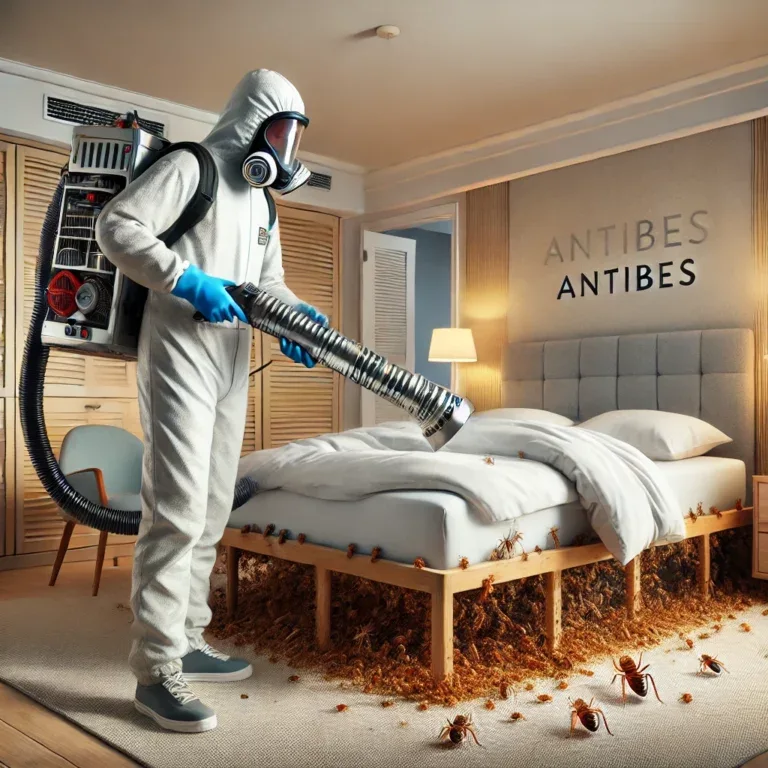 Un technicien met en place un appareil de traitement thermique dans une chambre infestée à Antibes pour éliminer les punaises de lit.